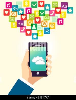 Business hand holding and using smartphone with cloud application and social media icons vector illustration Stock Vector