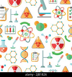 Decorative abstract chemistry  dna research symbols and microscope code formulas seamless background pattern design flat vector illustration Stock Vector