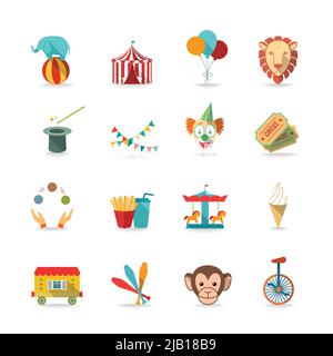 Circus tent with monkey and lion and clown magical wand triks icons set flat isolated vector illustration Stock Vector