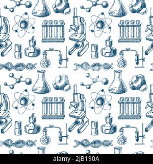 Decorative scientific chemical  laboratory equipment glass tubes structure dna symbols doodle sketch design seamless pattern vector illustration Stock Vector