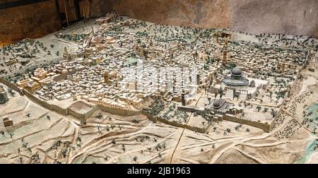 Jerusalem, Israel - October 12, 2017: Specimen model of ancient Holy City and Temple Mount exposed in Tower Of David citadel in Jerusalem Stock Photo