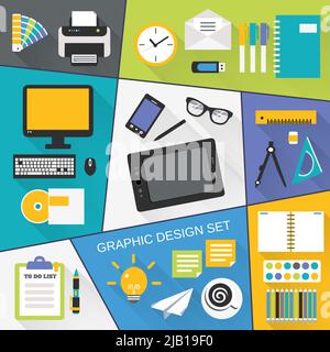 Graphic design studio tools drawing process workplace flat icons set isolated vector illustration. Stock Vector