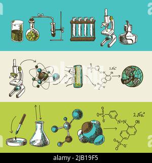 Decorative scientific global chemistry research equipment symbols and molecule formulas doodle sketch color banners set vector illustration Stock Vector