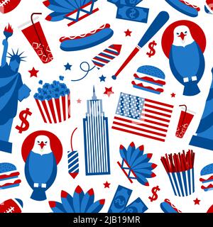New York USA set of liberty statue skyscraper fast food seamless pattern vector illustration Stock Vector