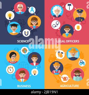 Teamwork people group decorative icons science legal officers business agriculture set flat isolated vector illustration Stock Vector