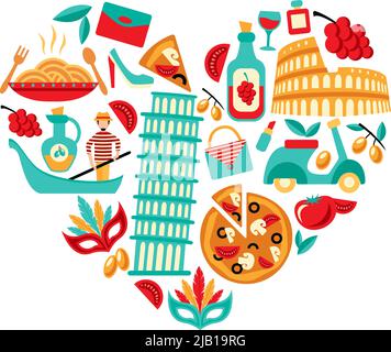 Italy decorative elements icons set in heart shape vector illustration Stock Vector