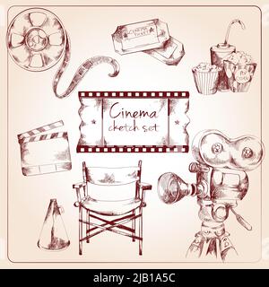 Cinema entertainment media sketch elements of tickets camera popcorn vector illustration Stock Vector