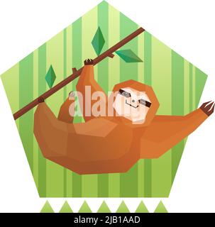 Sloth polygonal composition with flat tree sloth character hanging from a bough on minimalistic striped background vector illustation Stock Vector