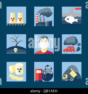 Set of pollution damage environment radioactive icons in flat style on squares vector illustration Stock Vector