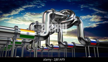 Oil or gas pipeline, flags of India and Russia - 3D illustration Stock Photo