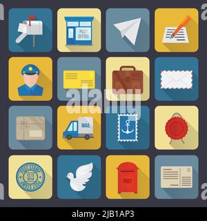 Post service icon set of stamp box truck letter isolated vector illustration Stock Vector