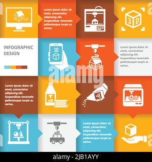 Printer 3d infographic set with architecture futuristic building process icons vector illustration Stock Vector