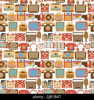 Vintage retro gadgets seamless pattern with radio vinyl player alarm clock isolated vector illustration Stock Vector
