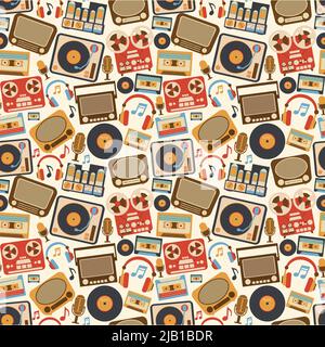 Retro music seamless pattern with vinyl player cassette recorder vintage microphone vector illustration Stock Vector
