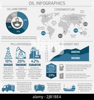 Global crude oil drilling and refining industrial process petroleum production distribution business infographic statistic presentation vector illustr Stock Vector