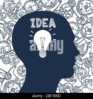 Human head silhouette thinking man with lightbulb idea symbol and cogwheel on background poster vector illustration Stock Vector