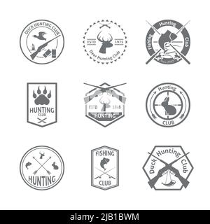 Set of hunting animal wild life leisure labels emblem with letterpress in gray color  vector illustration Stock Vector