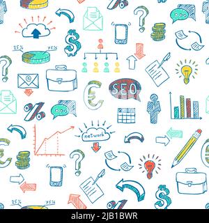 Business doodle seamless background with charts mobile phone documents vector illustration Stock Vector
