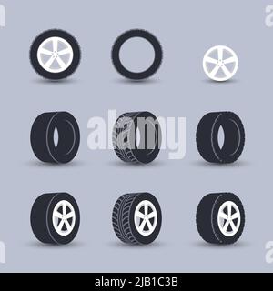 Auto garage wheels disk montage and installation winter tires replacement service black  icons set isolated vector illustration Stock Vector