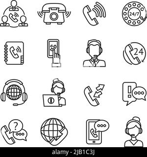 Call center question answer service outline icons set isolated vector illustration Stock Vector