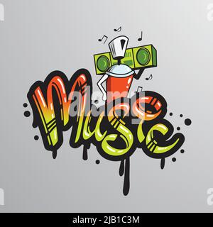 Graffiti spray can character element with player music notes word drippy font text sample grunge vector illustration Stock Vector