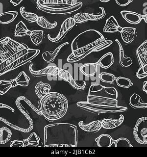 Vintage gentleman hats glasses mustaches and tobacco pipe seamless pattern vector illustration Stock Vector