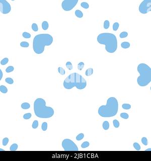Blue cat seamless pattern. Meow and cat paws background vector illustration. Cute cartoon pastel character for nursery girl baby print. Stock Vector