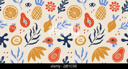 Seamless pattern with organic blobs, tropic fruits and leaves in matisse style. Background with trendy doodle abstract elements. Natural random Stock Vector