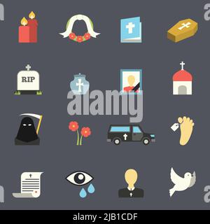 Death and mourning for deceased ritual church funeral ceremony tombstone candles flat icons set vector isolated illustration Stock Vector