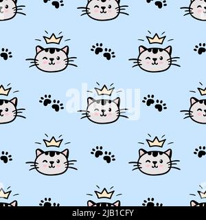 Blue cat seamless pattern. Meow and cat paws background vector illustration. Cute cartoon pastel character for nursery girl baby print. Stock Vector