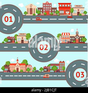 City streets roads infographic set with retro urban buildings vector illustration Stock Vector