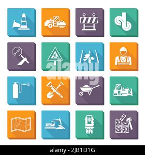 Road worker flat icons set with construction tools and machines isolated vector illustration Stock Vector