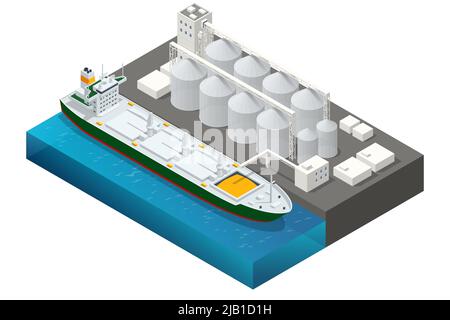 Isometric Grain terminal at seaport. Loading grain crops on bulk ship from large elevators. Transrportation of agricultural products. Dry cargo ships Stock Vector