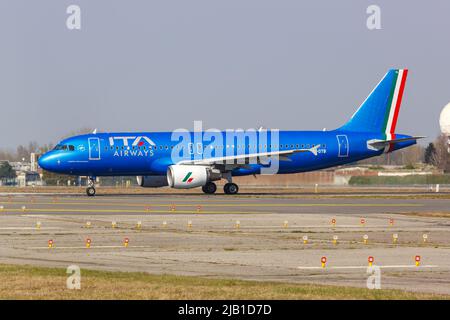 Milan, Italy - March 22, 2022: ITA Airways Airbus A320 airplane at Milan Linate airport (LIN) in Italy. Stock Photo