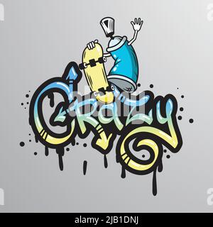 Graffiti spray can crazy character with skateboard composition drippy font text sample abstract grunge vector illustration Stock Vector