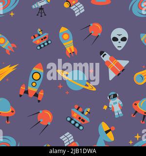 Space and astronomy seamless pattern with flying saucer spacecraft astronaut vector illustration Stock Vector