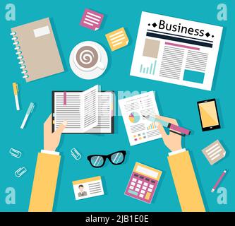 Businessman office workplace with human hands top view vector illustration Stock Vector