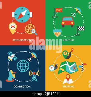 Mobile navigation geolocation routing mapping and connection flat icons set isolated vector illustration Stock Vector