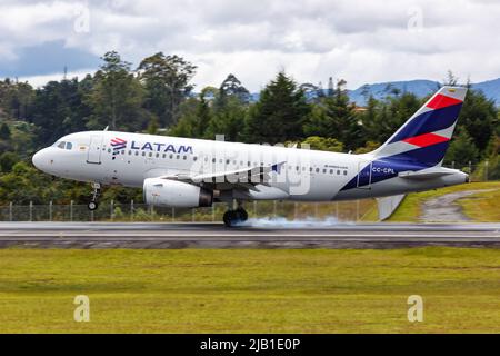 Medellin, Colombia - April 19, 2022: LATAM Airbus A319 airplane at Medellin Rionegro airport (MDE) in Colombia. Stock Photo