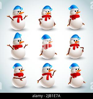 Winter christmas snowman emotions icons set isolated vector illustration Stock Vector