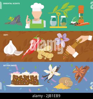 Herbs and spices oriental scents pepper hot bitter sweet banner set isolated vector illustration Stock Vector