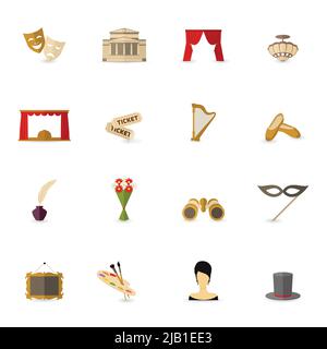 Theatre acting performance icons set flat isolated vector illustration Stock Vector