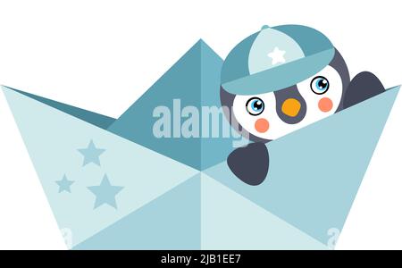 Cute baby boy penguin on blue paper boat Stock Photo