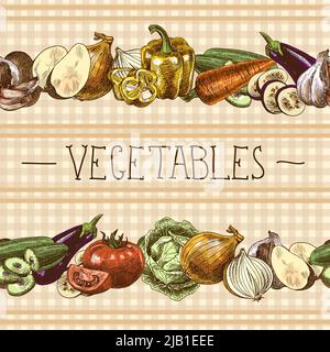Food vegetables sketch seamless pattern with onion tomato eggplant paprika vector illustration Stock Vector