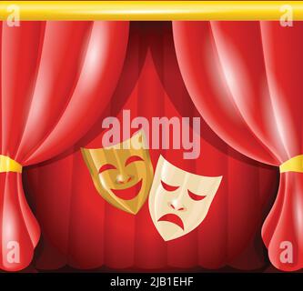 Theater happy and sad masks on red curtain background vector illustration Stock Vector