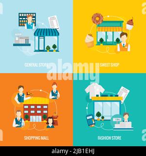 Store buildings set with mall and local shop symbols cartoon isolated ...