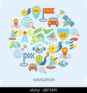 Mobile navigation geolocation routing mapping flat icons set vector illustration. Stock Vector