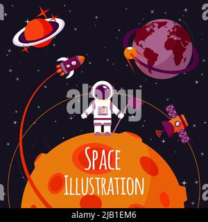Space concept with astronaut on moon and rocket satellites on orbit flat vector illustration Stock Vector