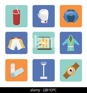 Set of boxing punching gloves bag equipment weights icons in flat style vector illustration Stock Vector