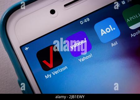 Kumamoto, JAPAN - May 4 2021 : Verizon, Yahoo, Aol & Apollo Global Management on iPhone. Verizon announced that to sells Yahoo & AOL to Apollo in 2021 Stock Photo